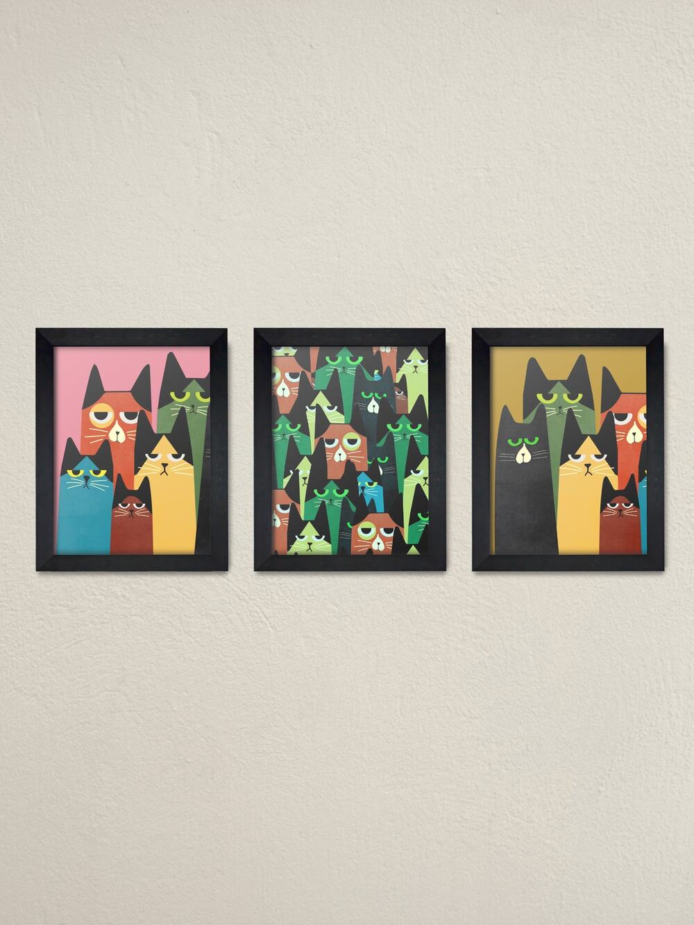 Set of 3 Cat Framed Wall Art | Cute Kitten Canvas Prints